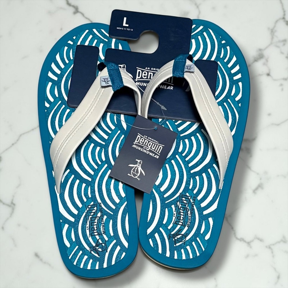 Original Penguin Mens Flip Flops Teal Blue‎ White Wave Pattern Size L 11-12 NEW